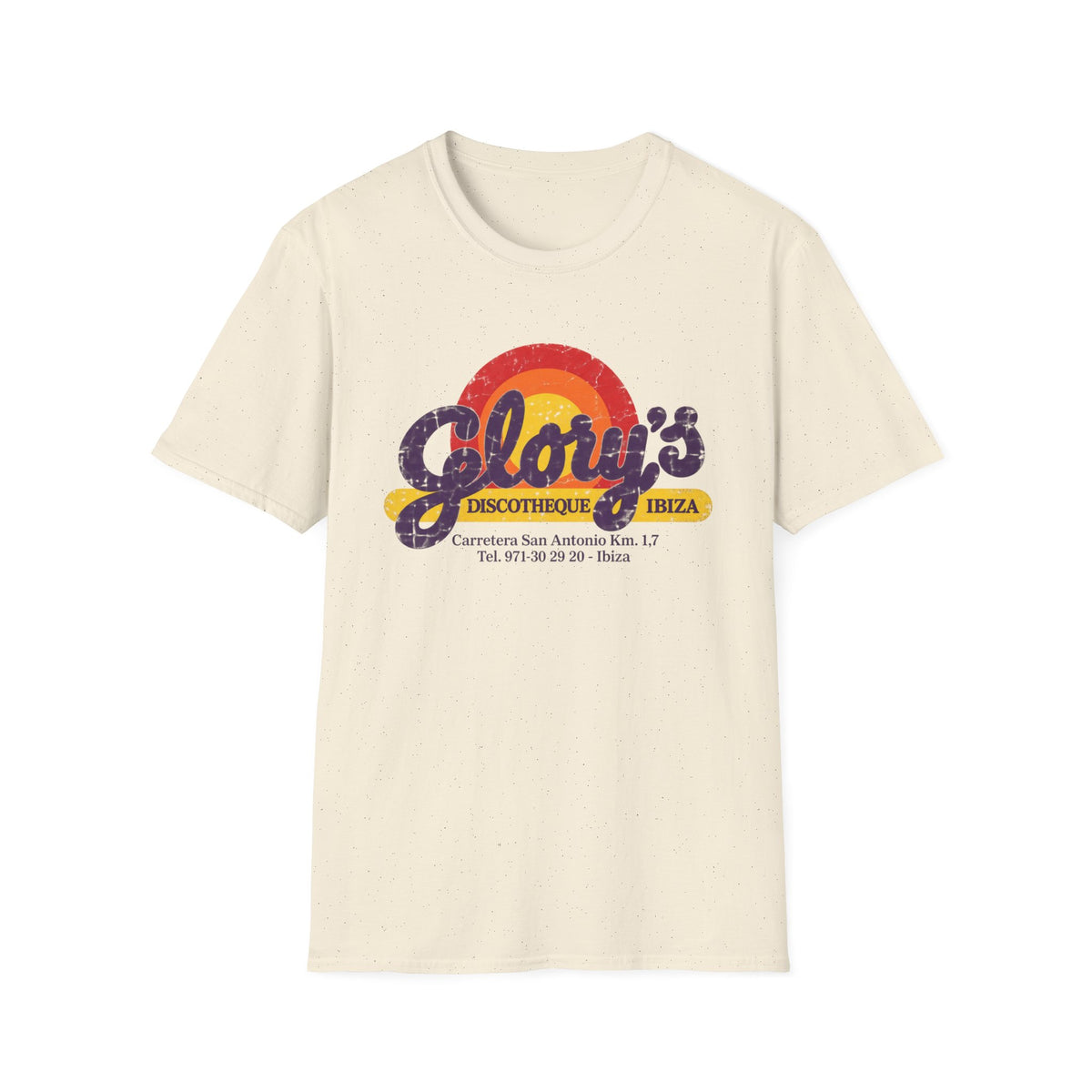 Cream t-shirt with retro "Glory's Discotheque Ibiza" graphic and address.
