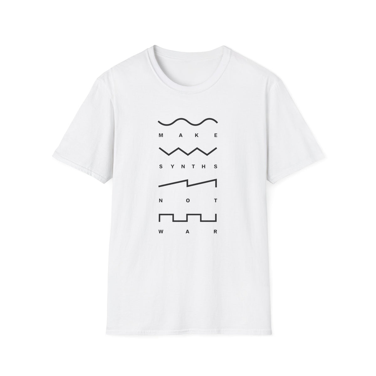 White t-shirt with "MAKE SYNTHS NOT WAR" text and graphic waveform designs.