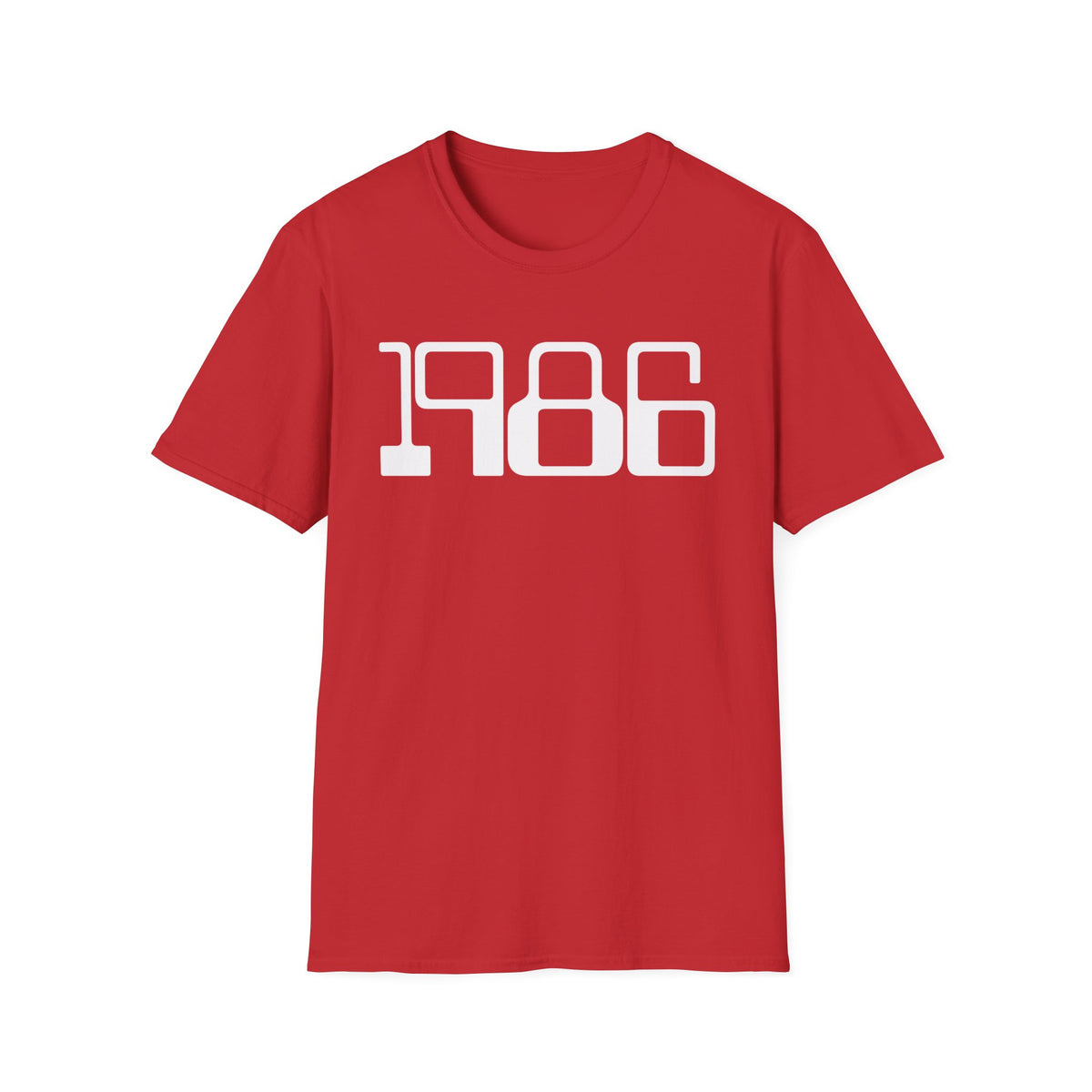 Red t-shirt with white "1986" graphic.