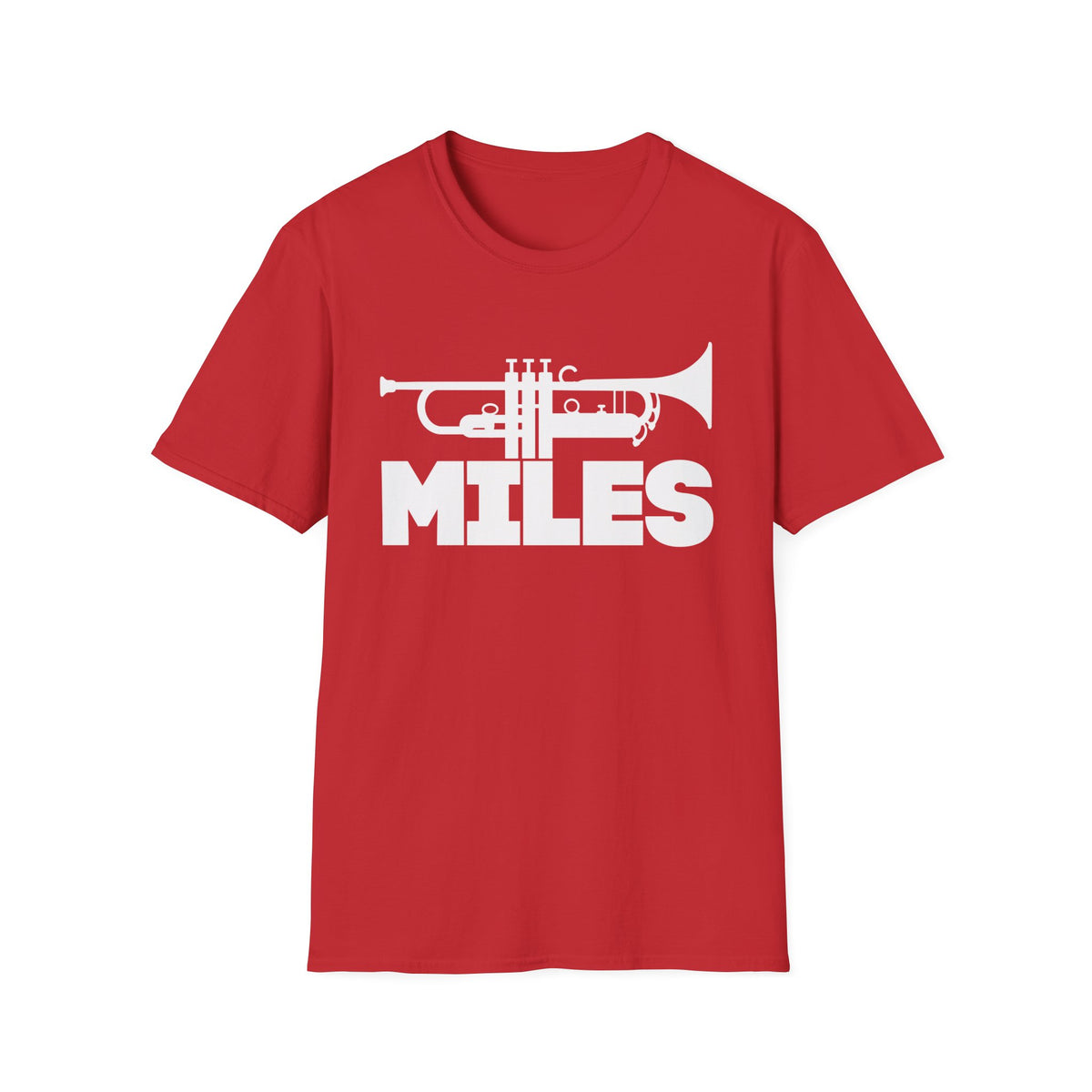 Red t-shirt with white trumpet graphic and the word MILES.