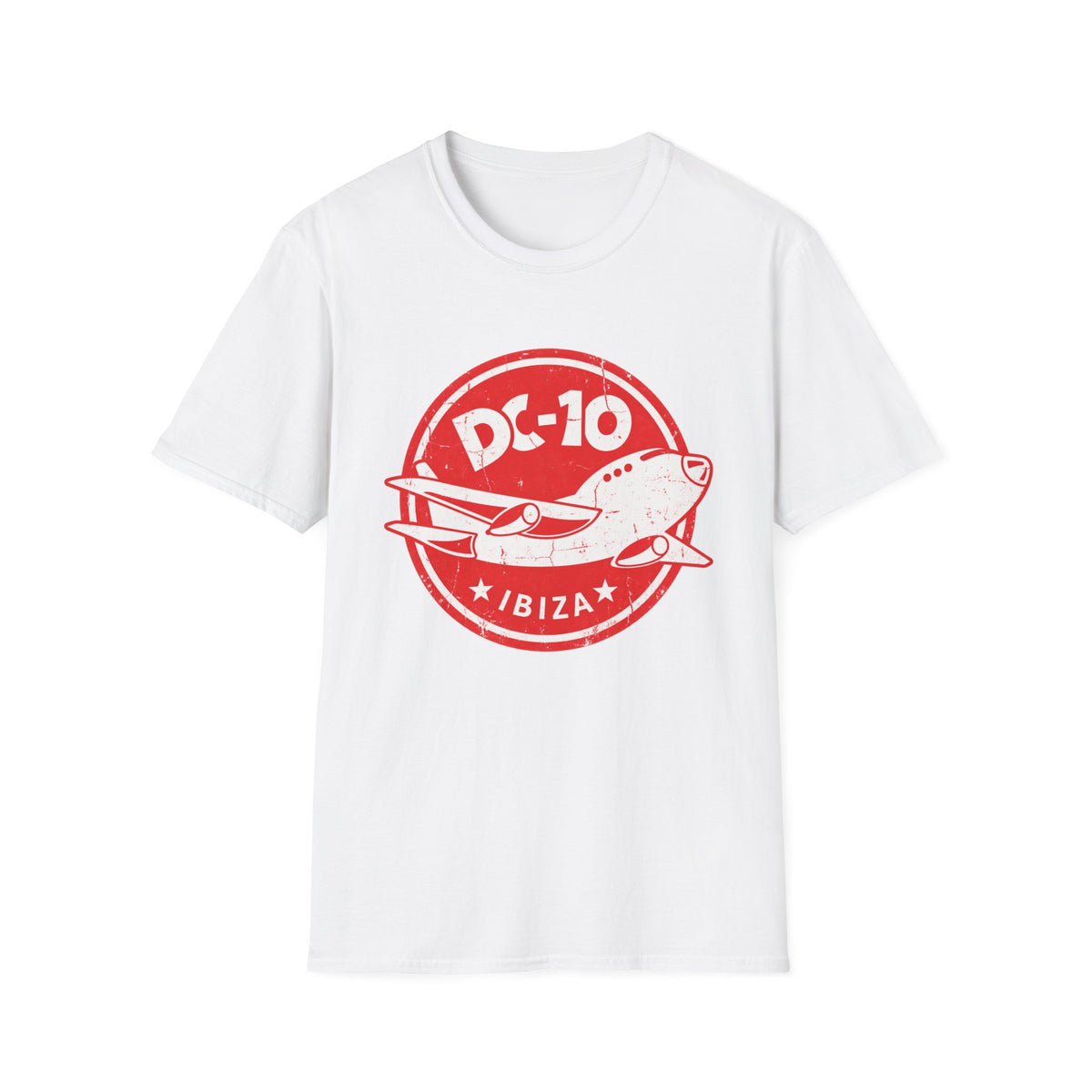White t-shirt with a distressed red circular graphic of a DC-10 airplane and "IBIZA".