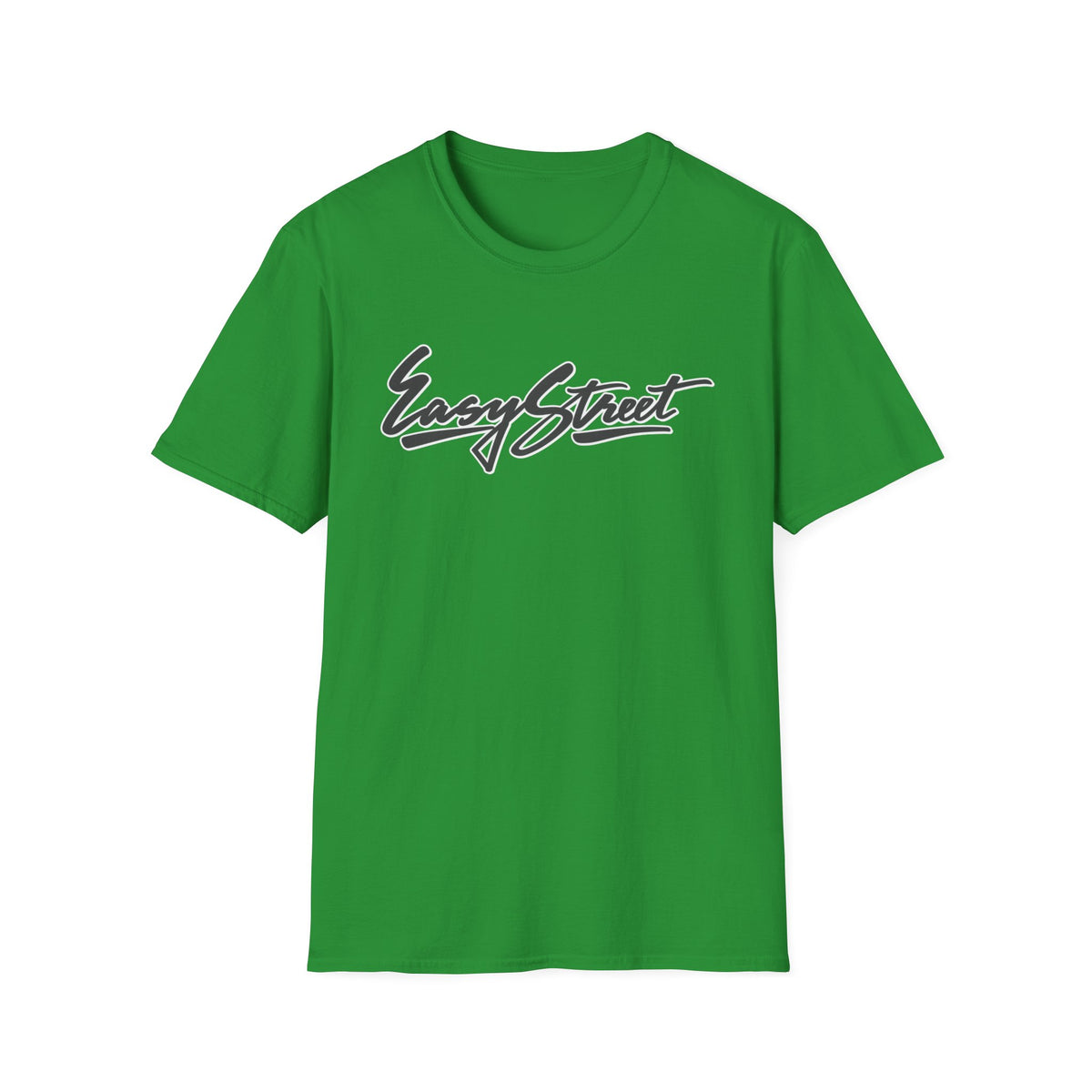 Green t-shirt with "Easy Street" script logo on the front.