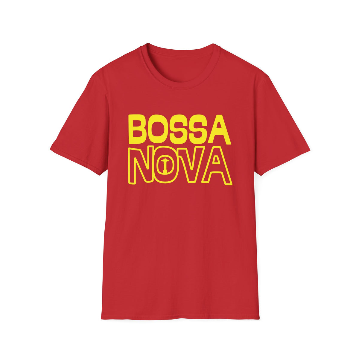 Red t-shirt with yellow text that reads "BOSSA NOVA" and an outline of Christ the Redeemer.