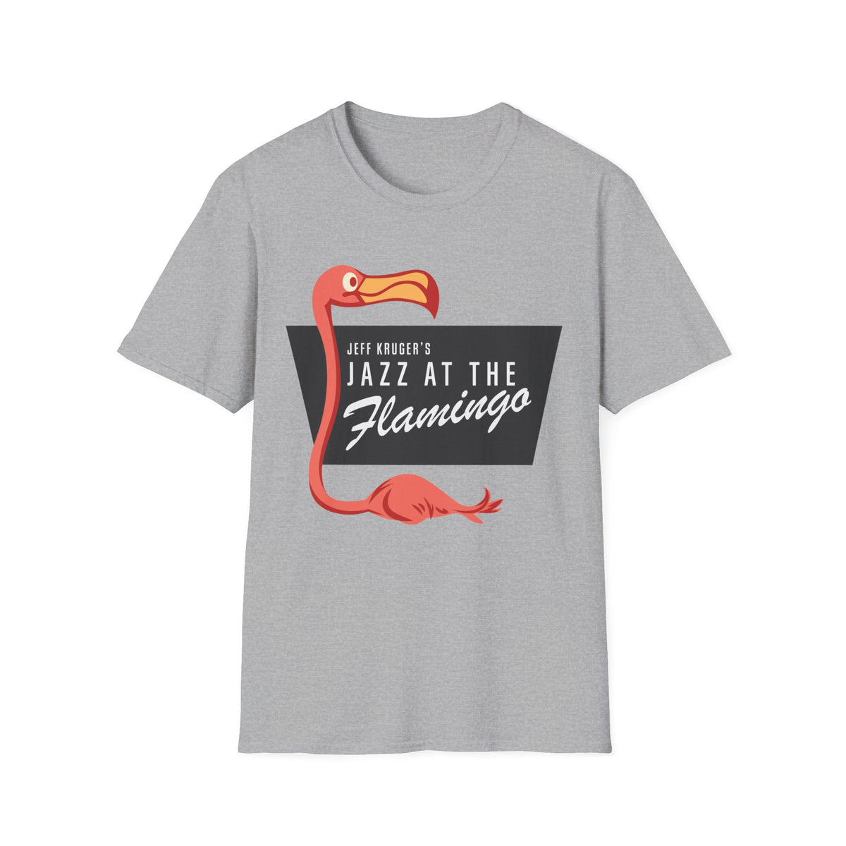 Grey t-shirt with a pink flamingo and text "Jeff Kruger's Jazz at the Flamingo".