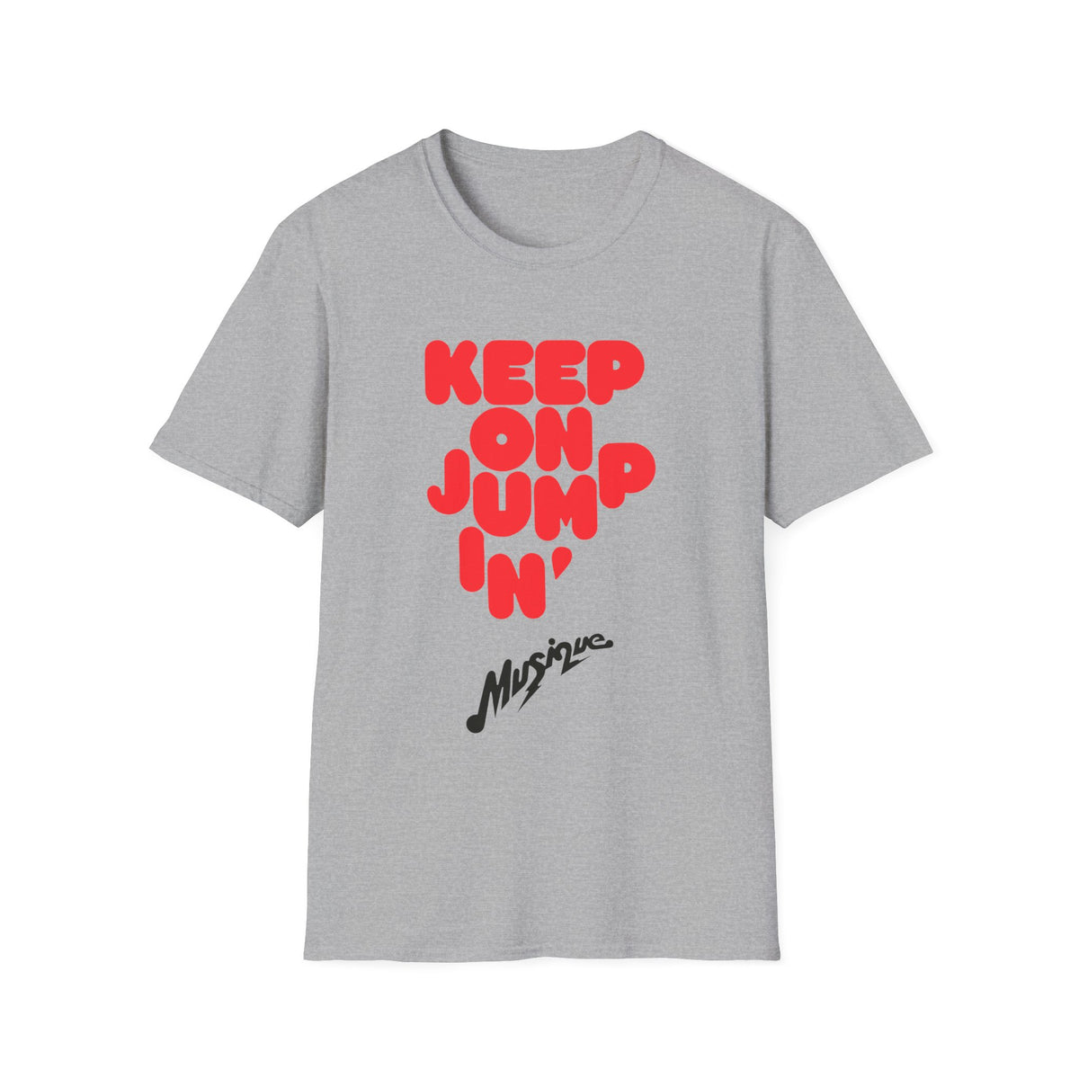 Grey t-shirt with red text "KEEP ON JUMP'N" and black text "Musique".