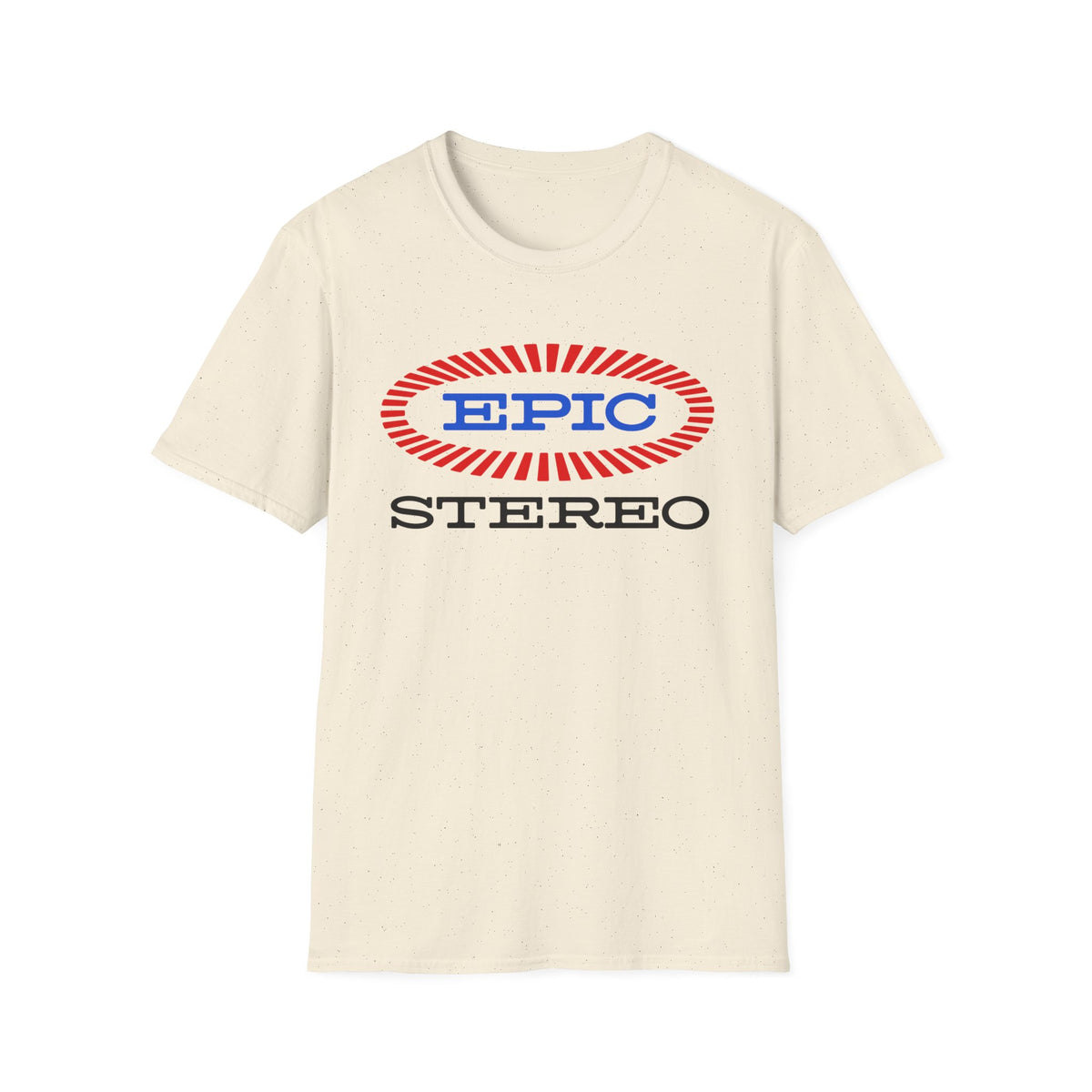 Light cream t-shirt with "EPIC STEREO" logo in red and blue oval.