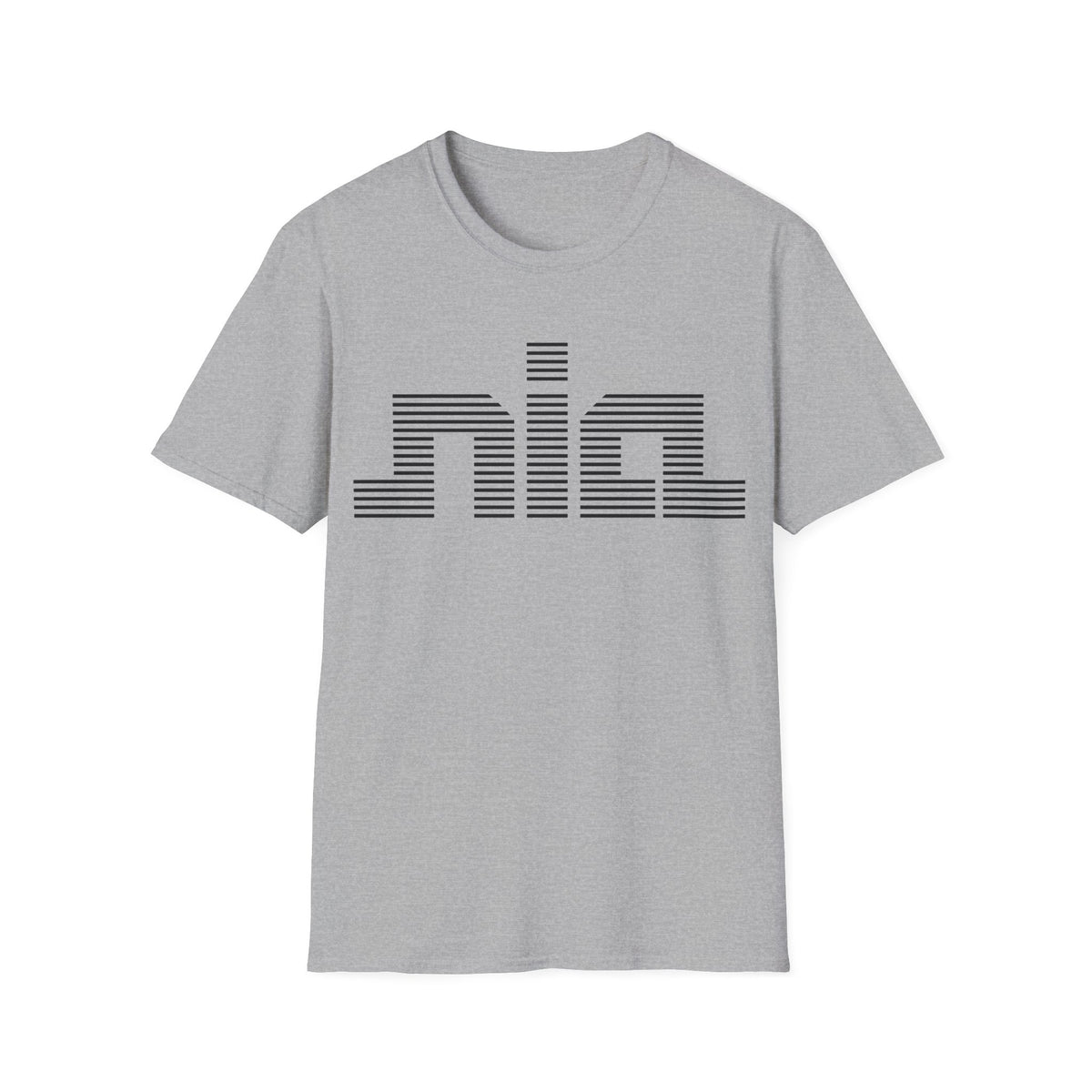 Grey t-shirt with black horizontal striped "nia" logo on chest.