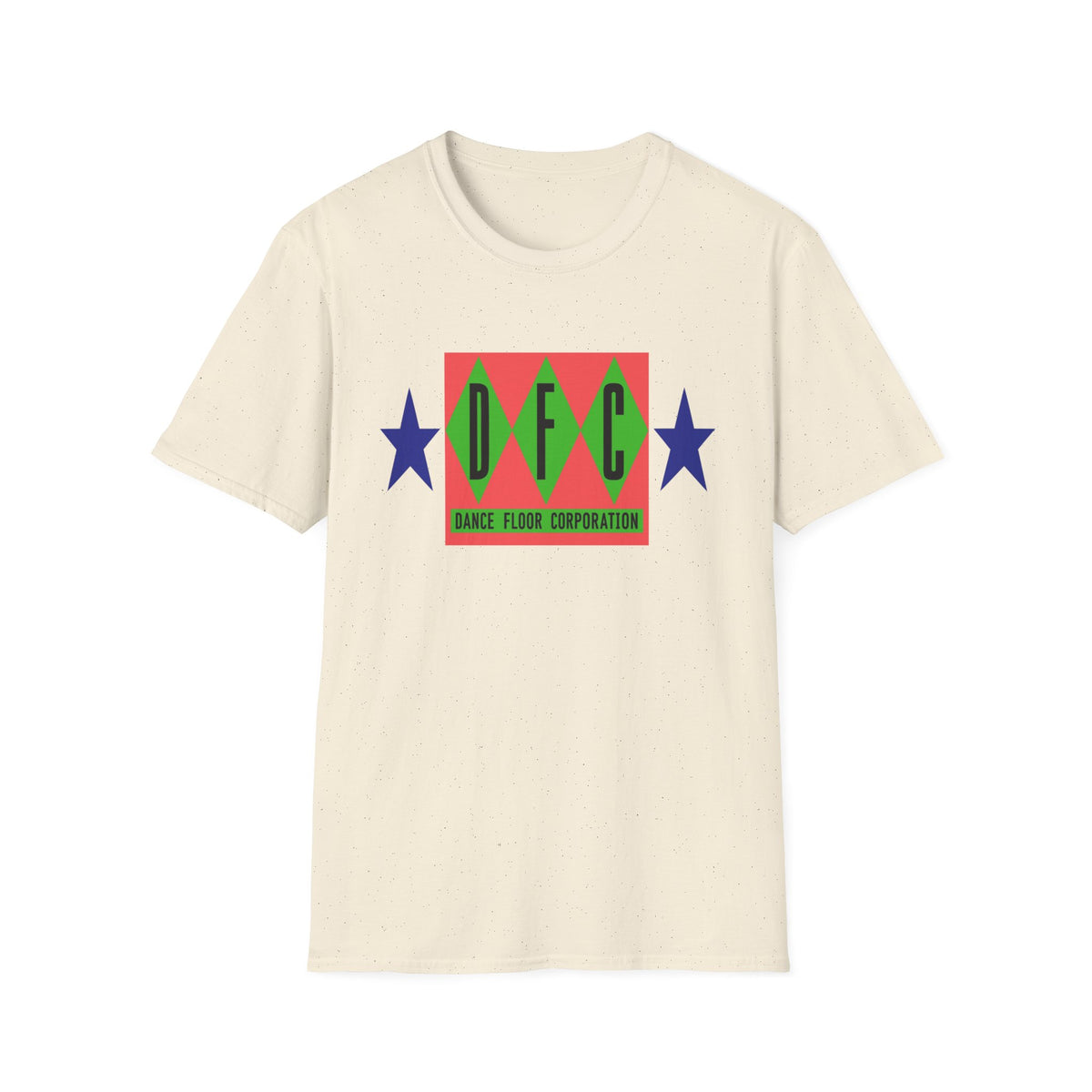 Cream t-shirt with a red rectangle graphic containing "DFC" and "DANCE FLOOR CORPORATION".