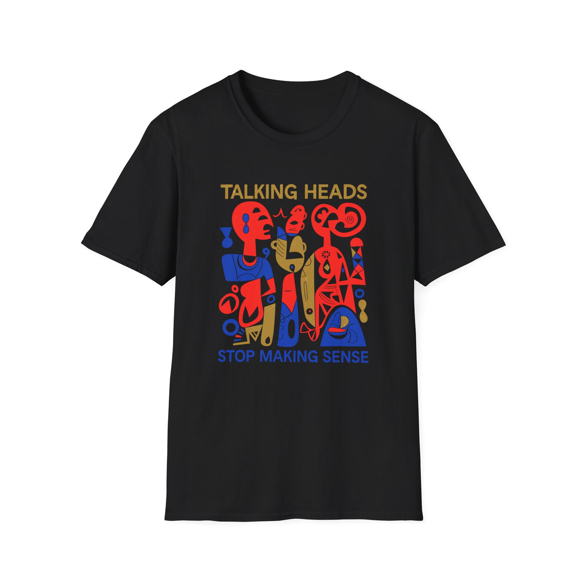 Black t-shirt with "TALKING HEADS STOP MAKING SENSE" and abstract art.