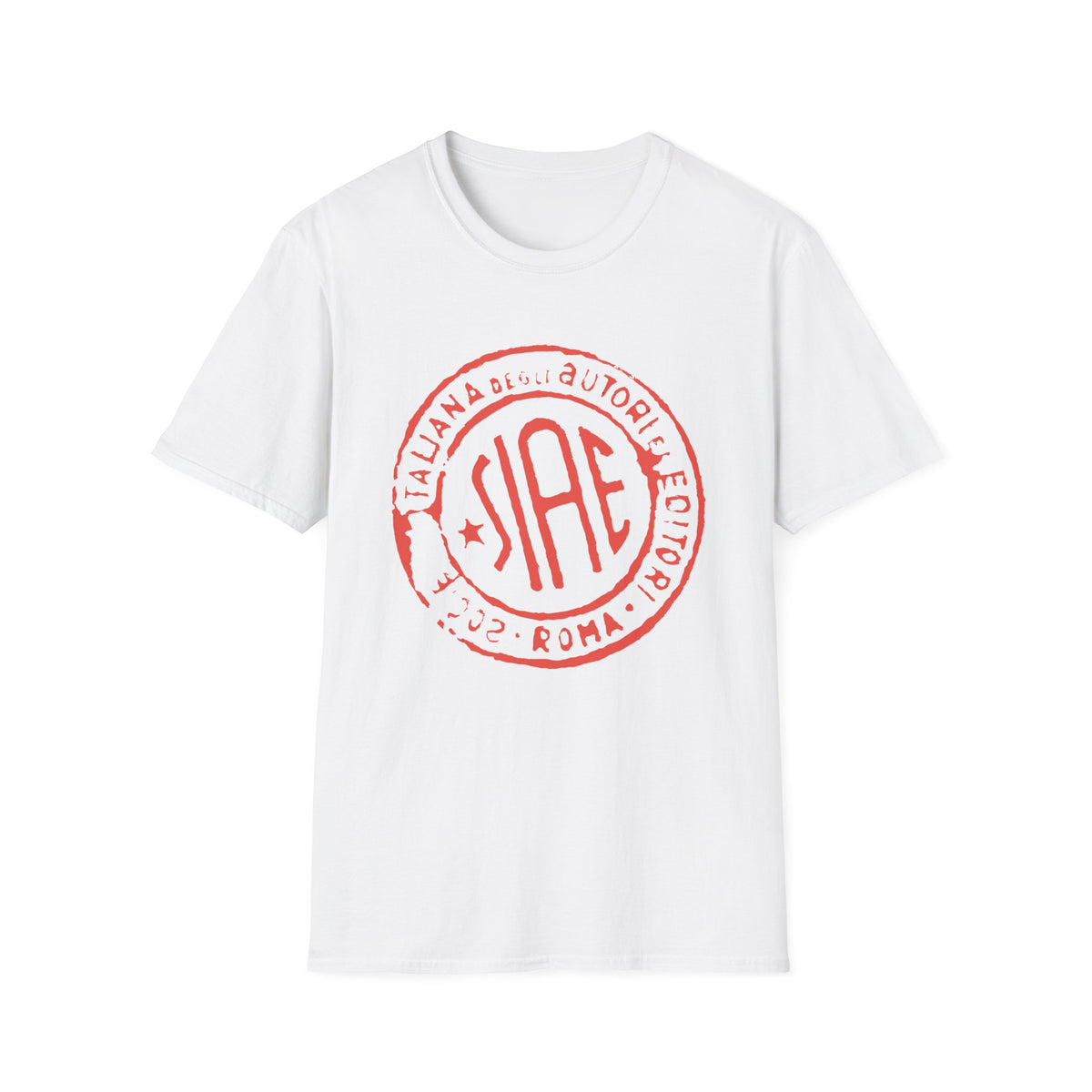 White t-shirt with a red circular stamp logo featuring "SIAE ITALIANA DEGLI AUTORI E EDITORI ROMA 2002".