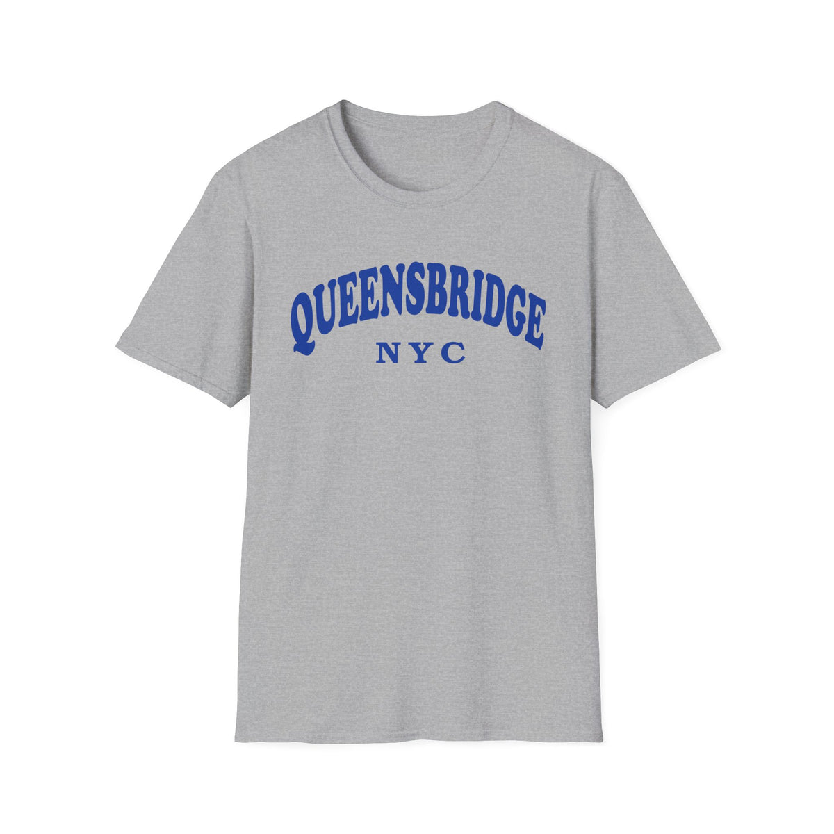 Grey t-shirt with blue "QUEENSBRIDGE NYC" graphic.