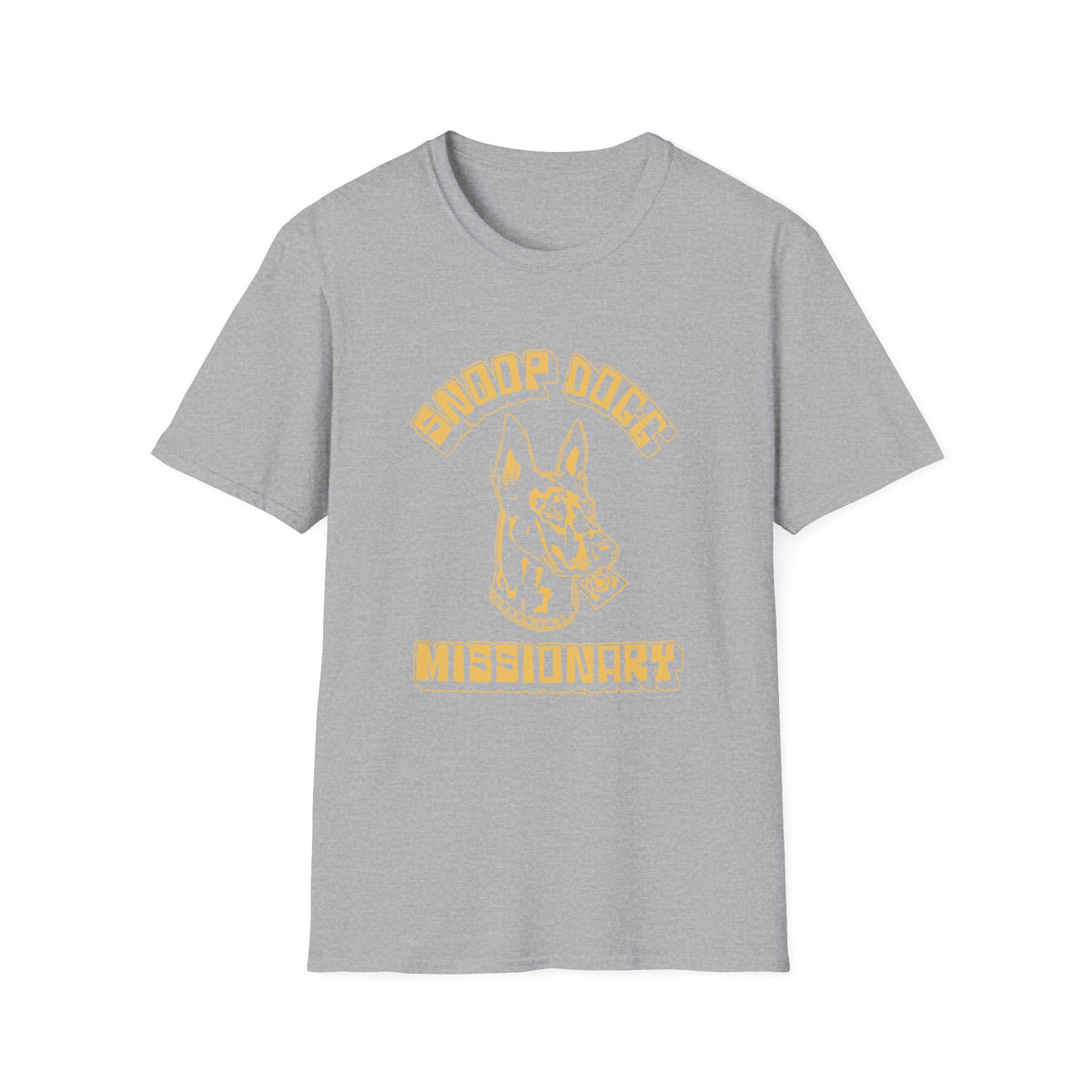 Grey t-shirt with yellow "Snoop Dogg" text and dog graphic.