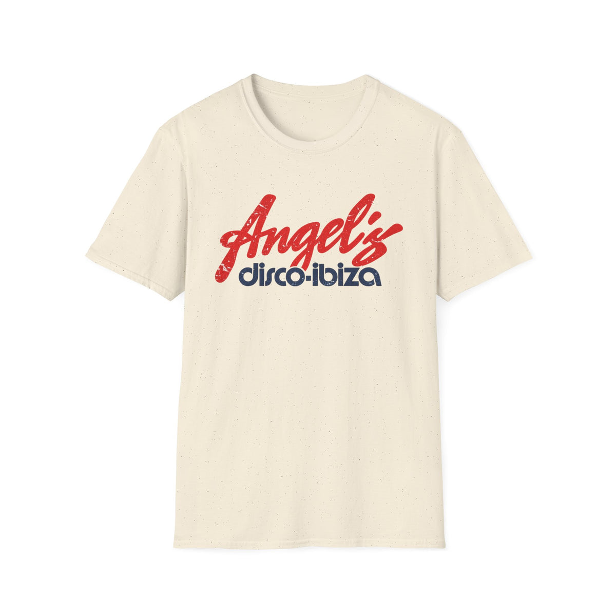 Cream t-shirt with red "Angel's" and blue "disco-ibiza" text.