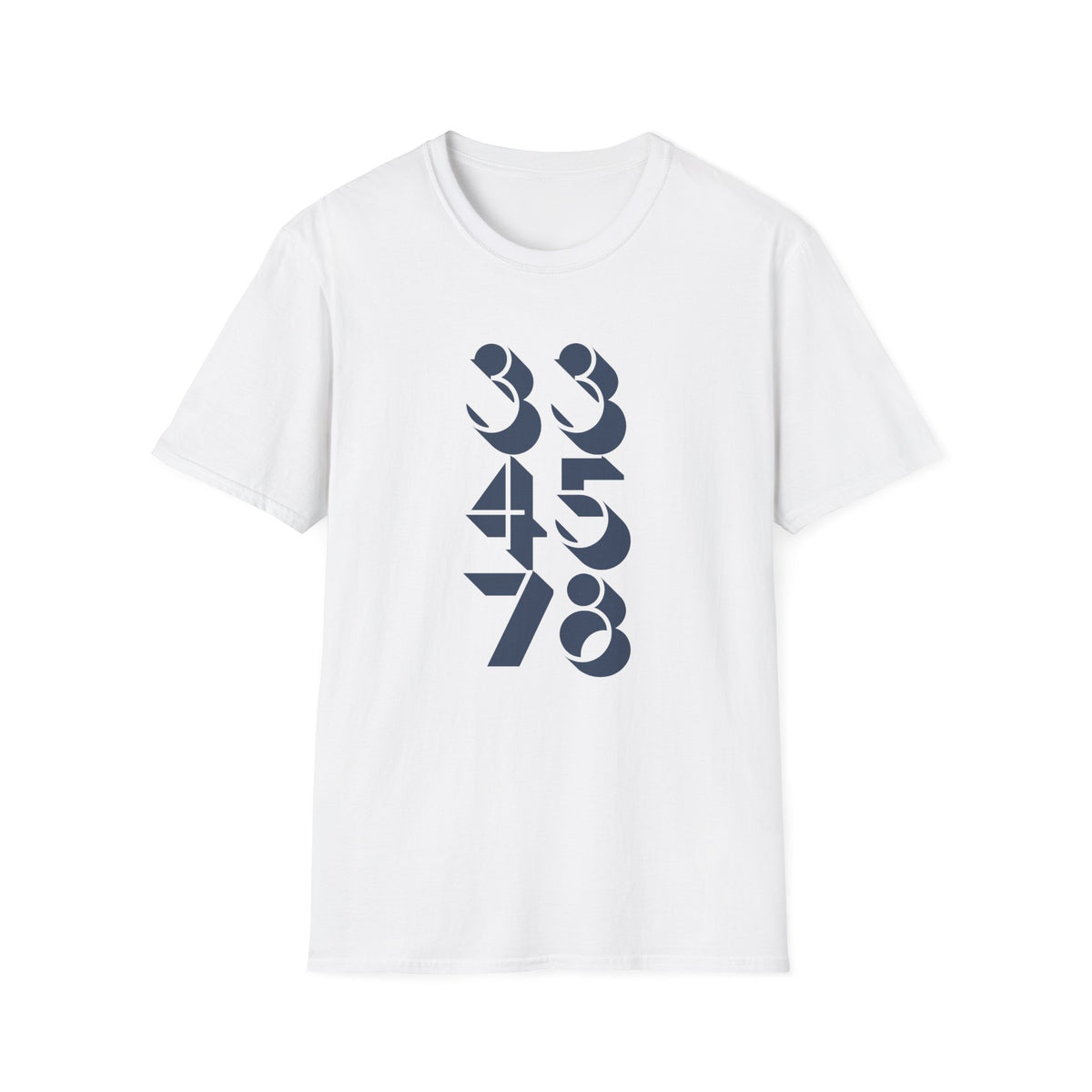 White t-shirt with a dark blue graphic of numbers 33, 45, 78.