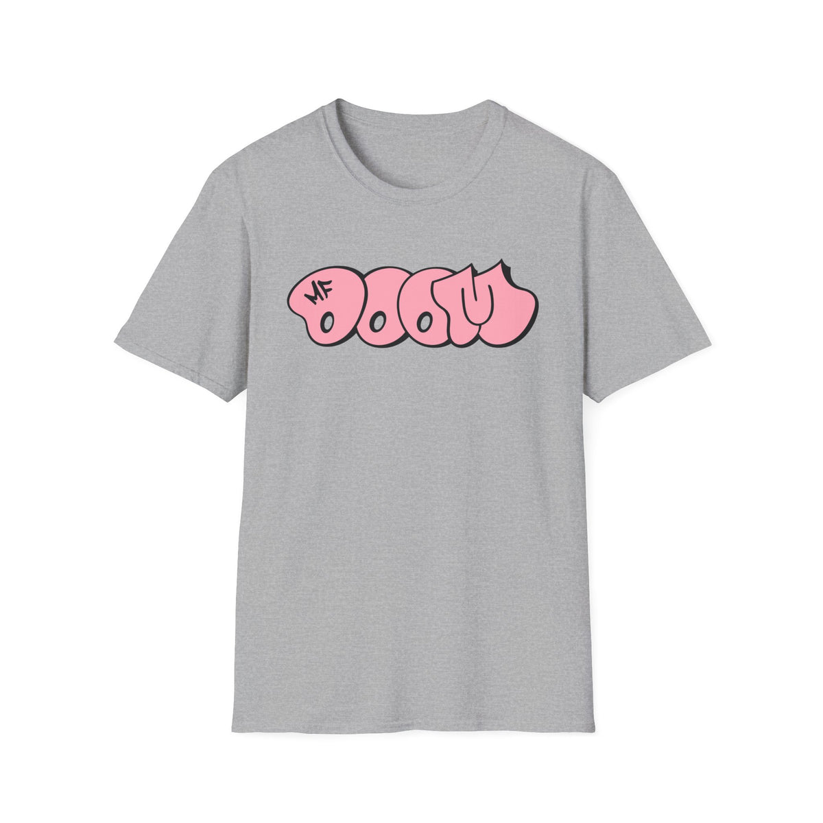 Grey t-shirt with pink bubble letters reading "DOOM" and "MF".