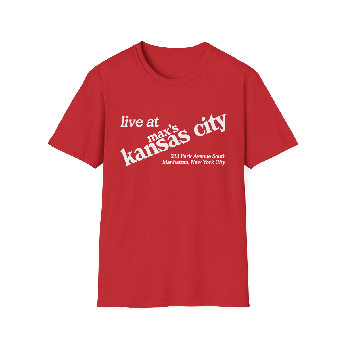 Red t-shirt with white text: "live at max's kansas city" and address.
