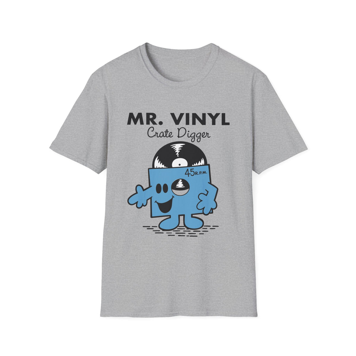 Mr. Vinyl Crate Digger graphic with a blue character and a vinyl record on a grey t-shirt.