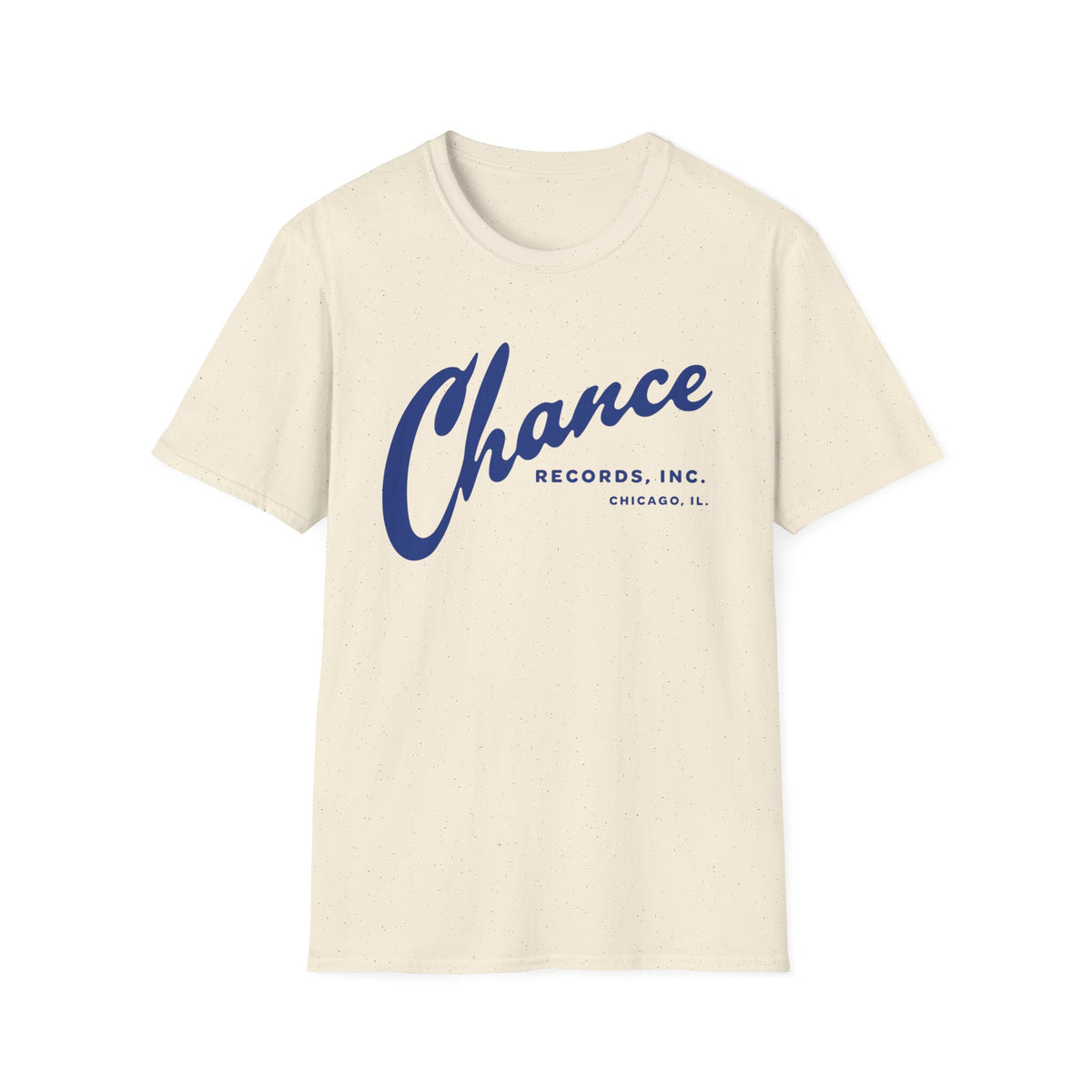 Cream t-shirt with blue "Chance Records, Inc. Chicago, IL" text.