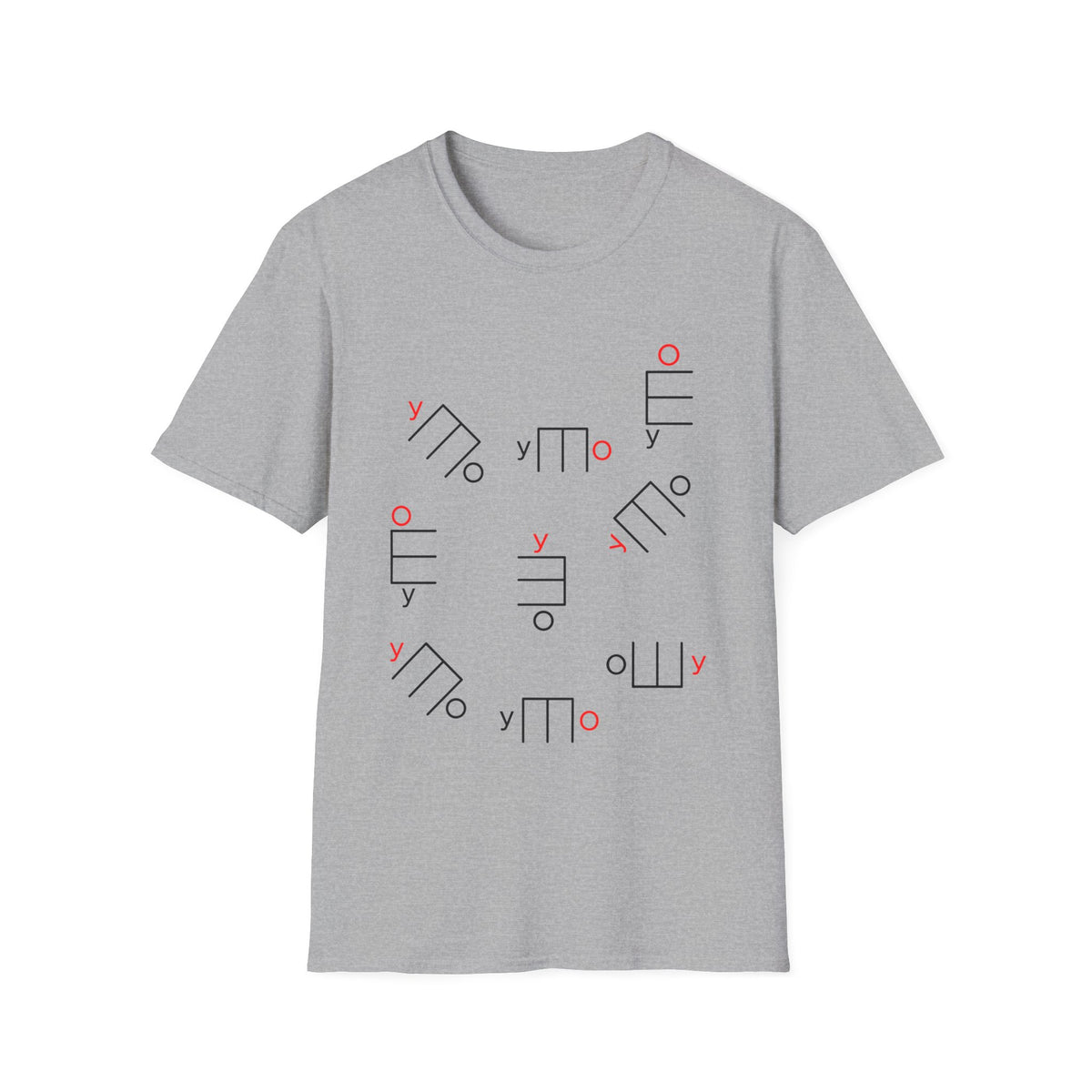 Grey t-shirt with scattered abstract black and red line art designs.