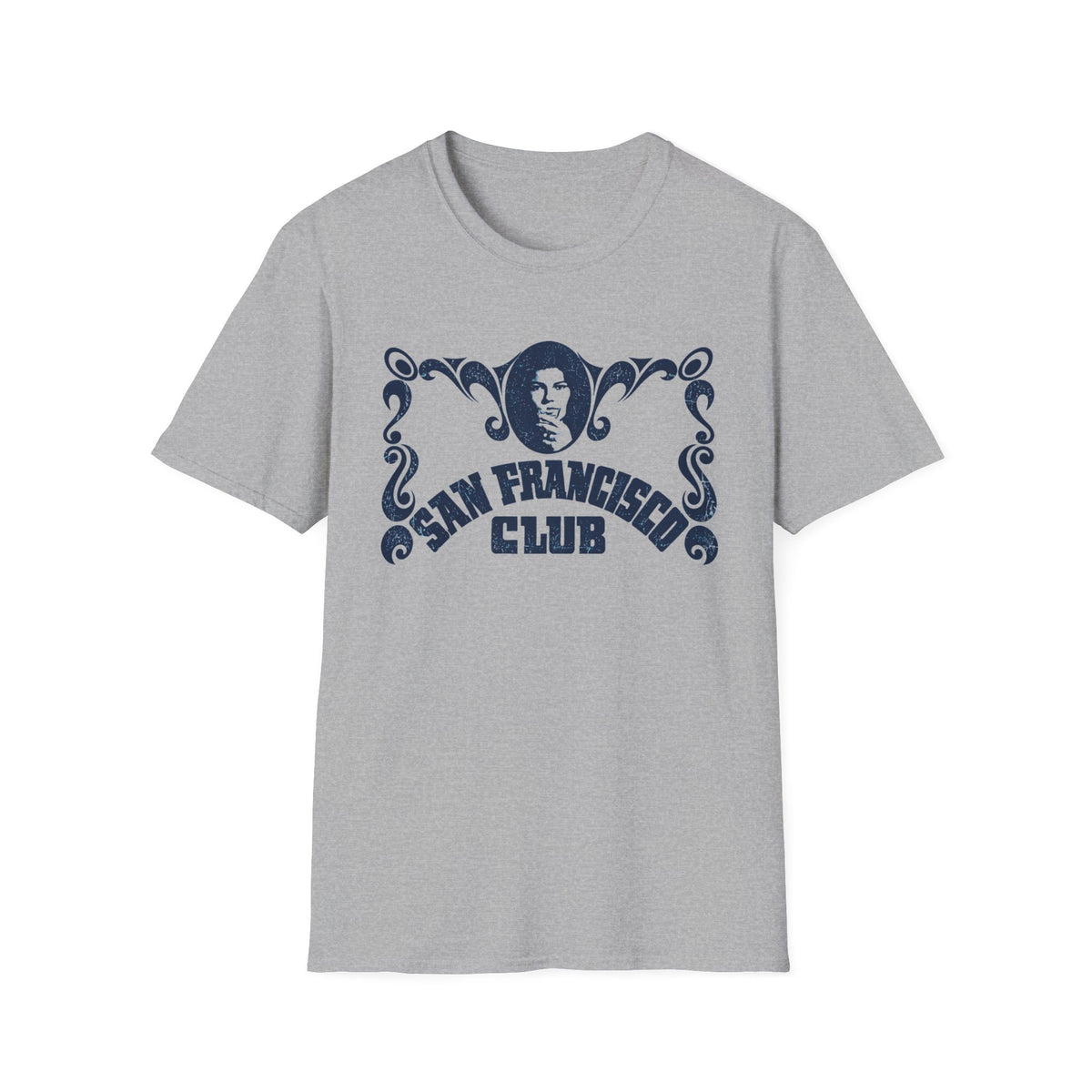 Grey t-shirt with distressed blue "San Francisco Club" graphic and portrait.