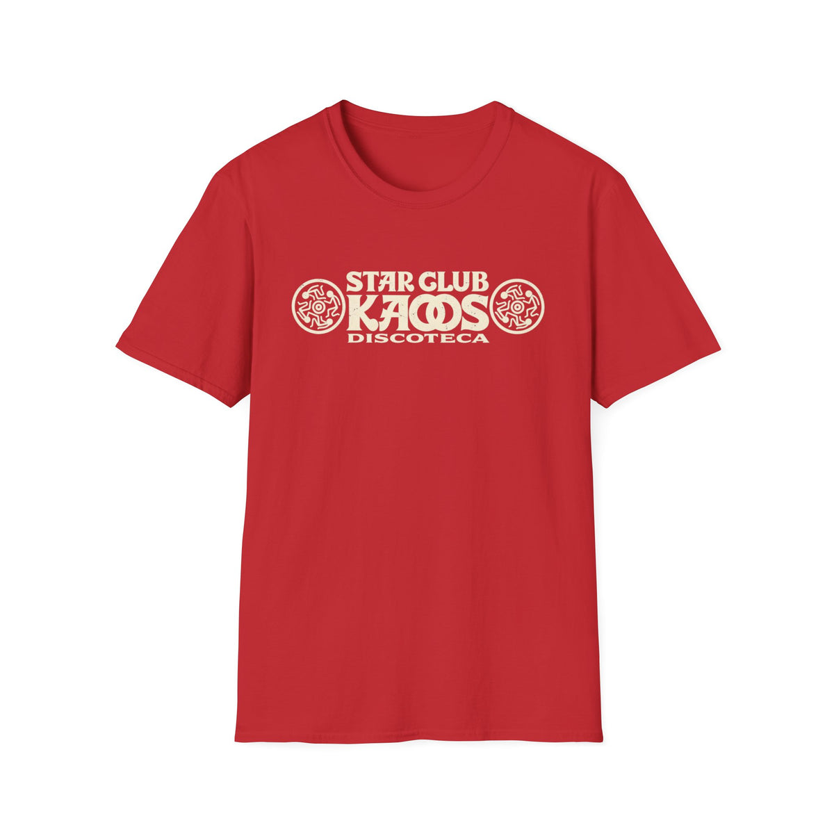 Red t-shirt with beige "STAR CLUB KAOS DISCOTECA" logo and circular graphics.