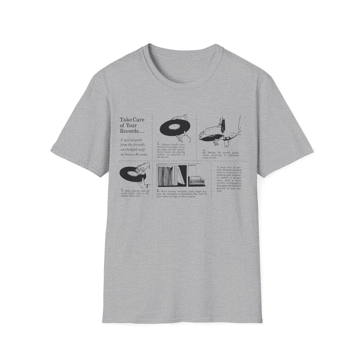 T-shirt with graphic detailing how to care for vinyl records, including handling, storage, and cleaning.