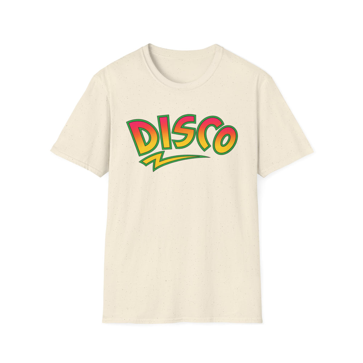 Cream t-shirt with "Disco" text in colorful gradient letters.