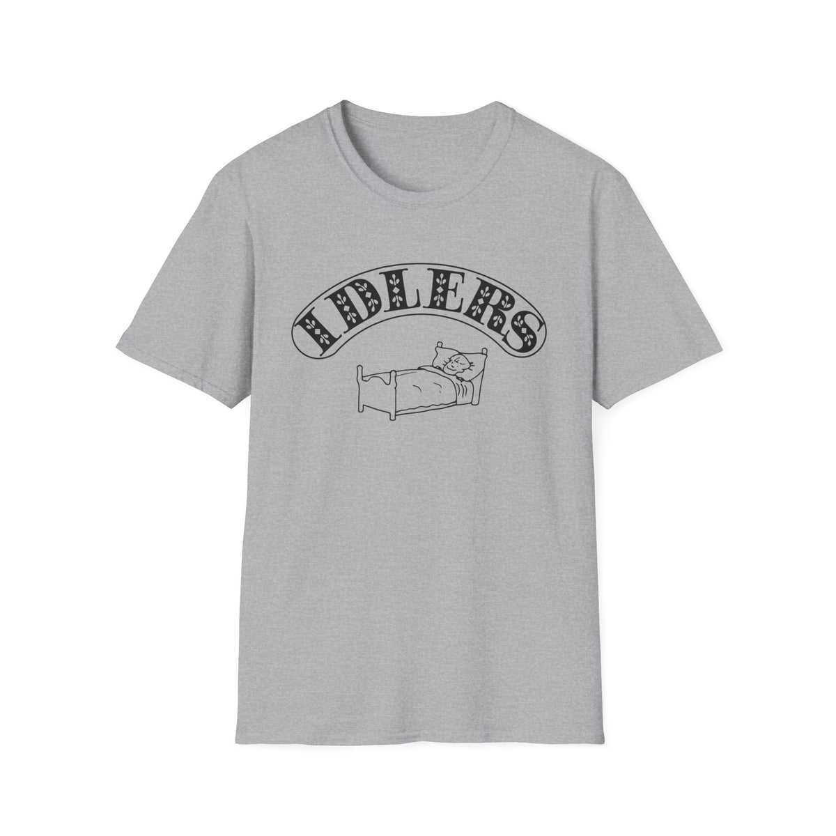 Grey t-shirt with "LDLERS" text and a skeleton in bed graphic.