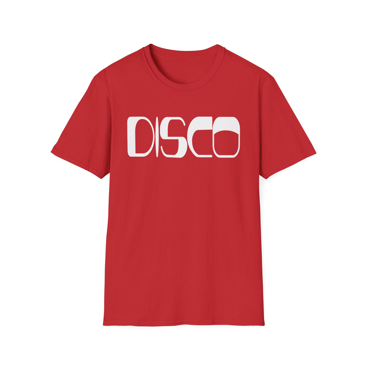 Red t-shirt with white text that spells "DISCO" in a retro font.