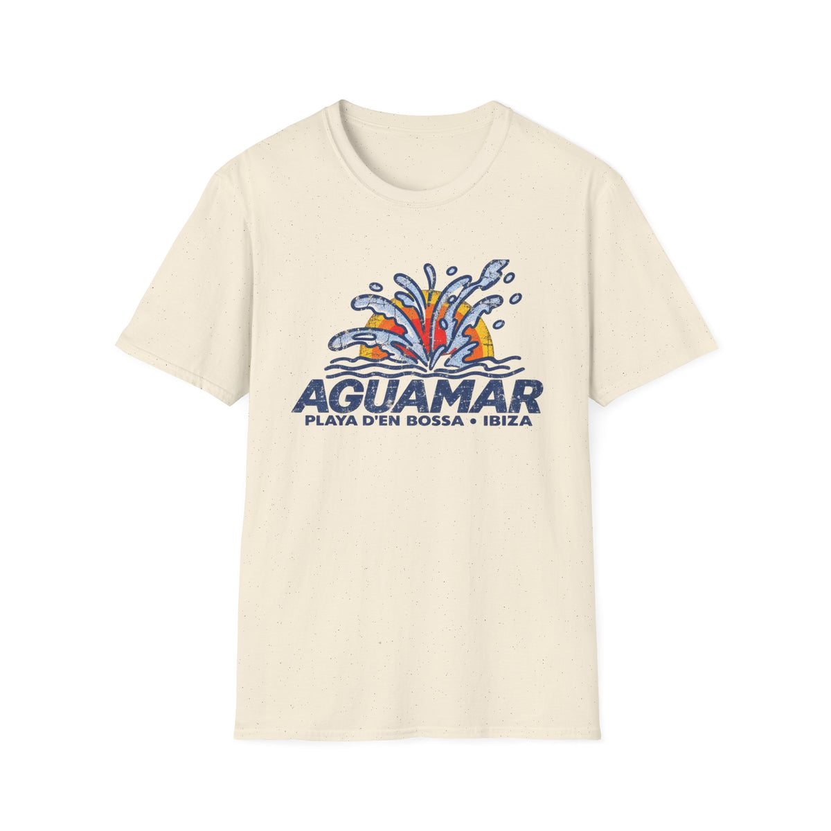 Cream t-shirt with AGUAMAR Playa d'en Bossa Ibiza graphic and water splash.