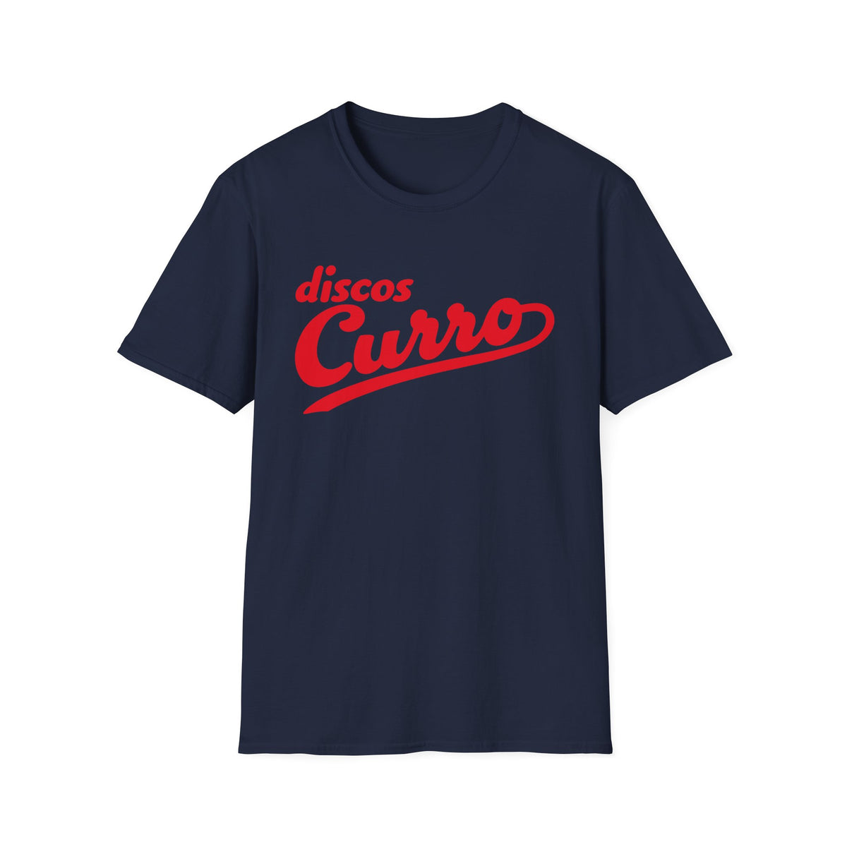 Navy t-shirt with red "discos Curro" script logo.
