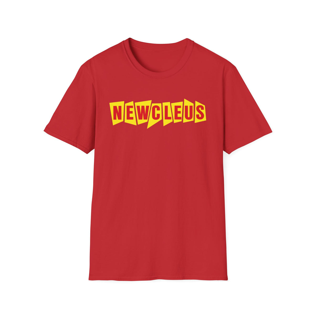 Red t-shirt with yellow "NEWCLEUS" text in a blocky, angled font.