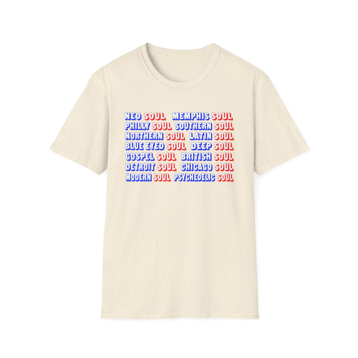 Cream t-shirt with red and blue text listing various soul music subgenres.