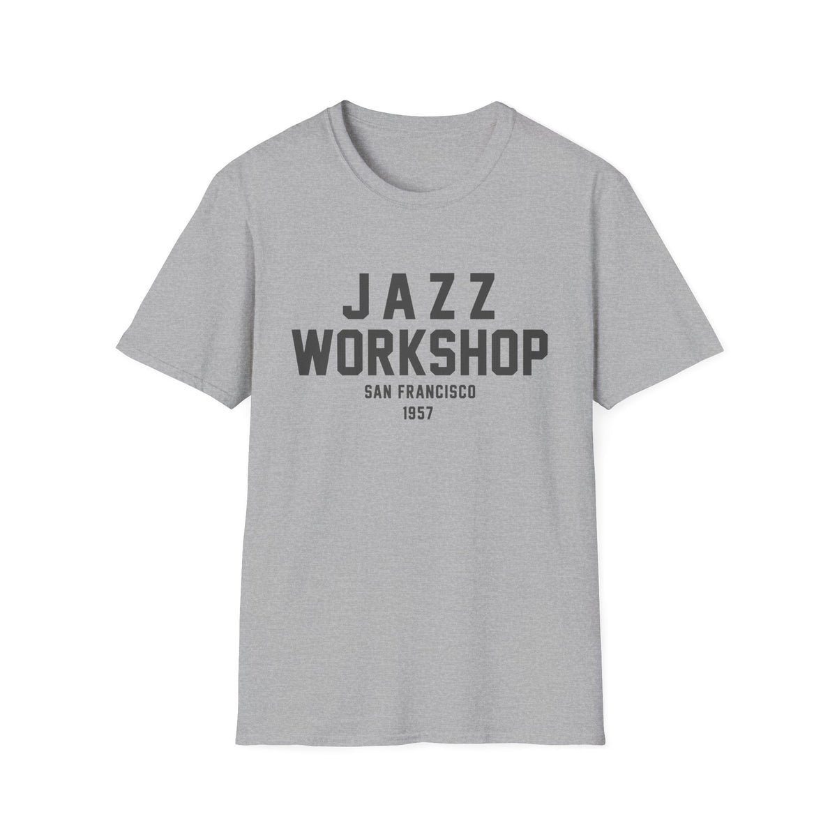Grey t-shirt with "JAZZ WORKSHOP SAN FRANCISCO 1957" text.