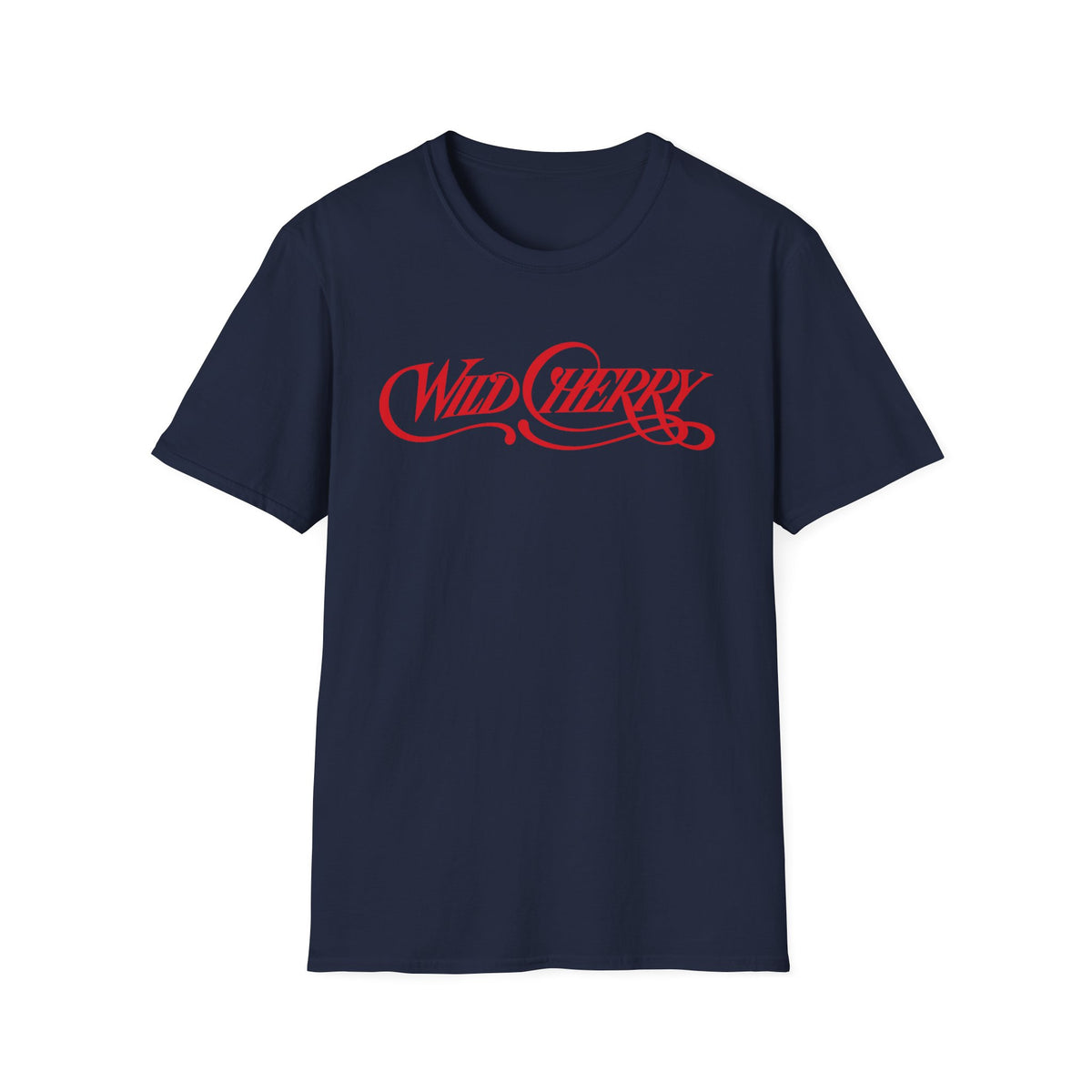 Navy t-shirt with red "Wild Cherry" text logo.