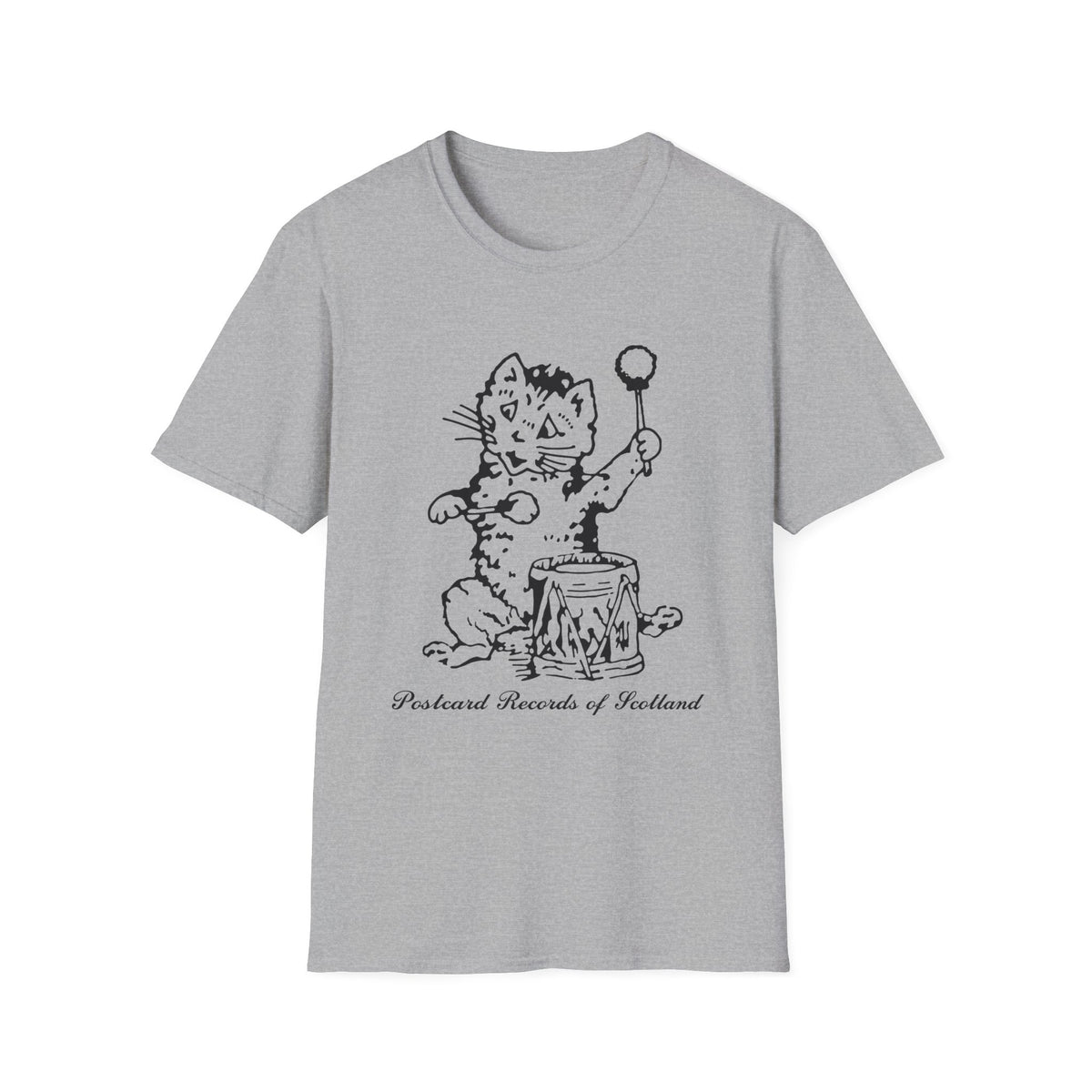 Grey t-shirt with black line drawing of a cat playing a drum and holding a ball on a stick.