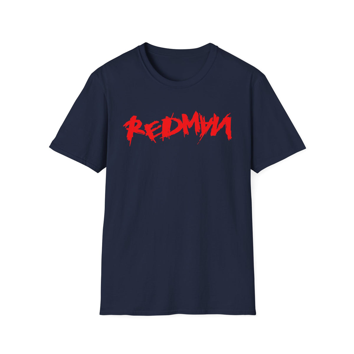 Navy t-shirt with red "REDMYN" graphic print.