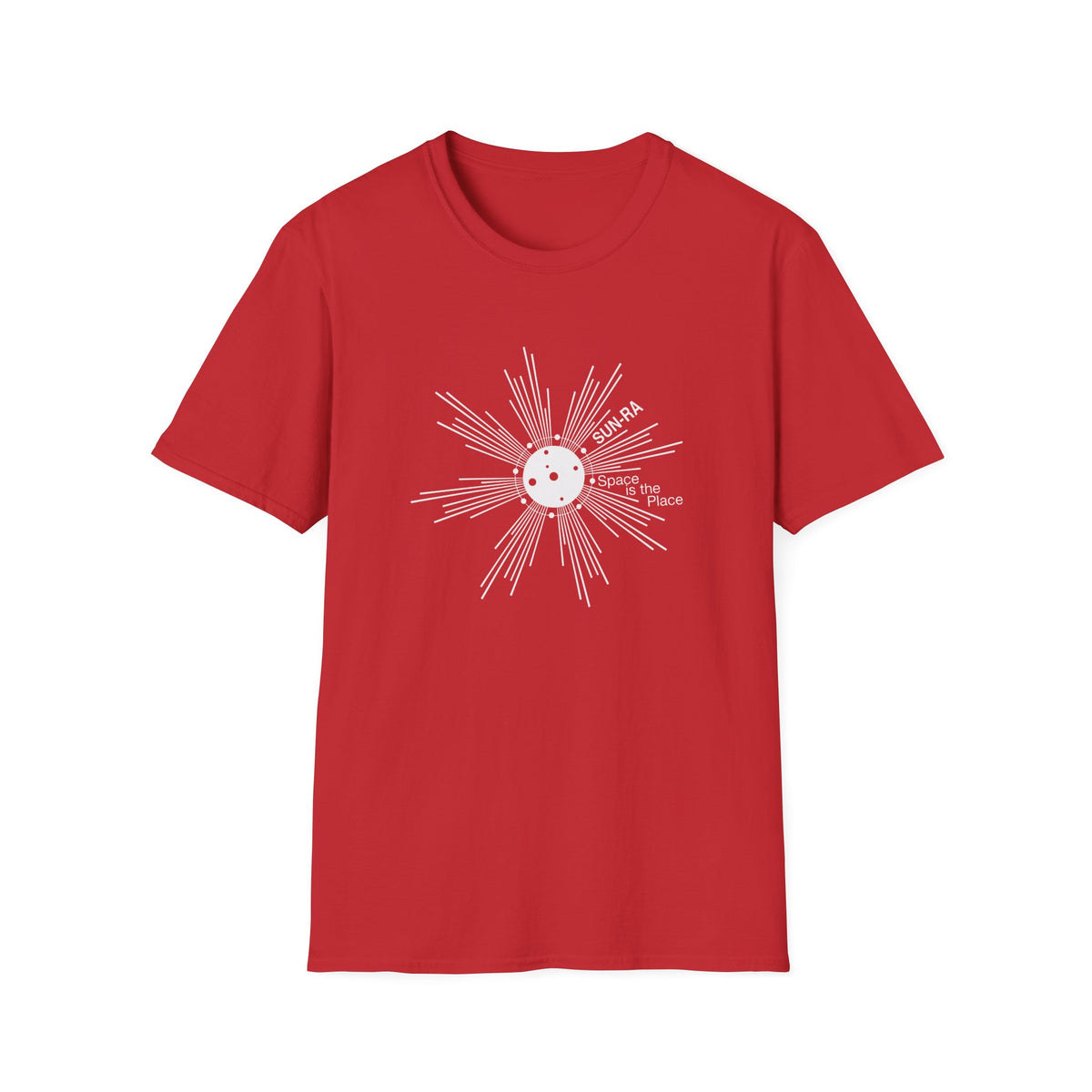Red t-shirt with white Sun Ra "Space is the Place" graphic.
