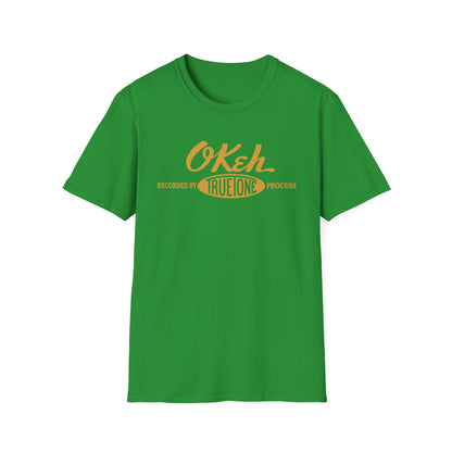 Green t-shirt with orange "OKeh Recorded by True One Process" text graphic.