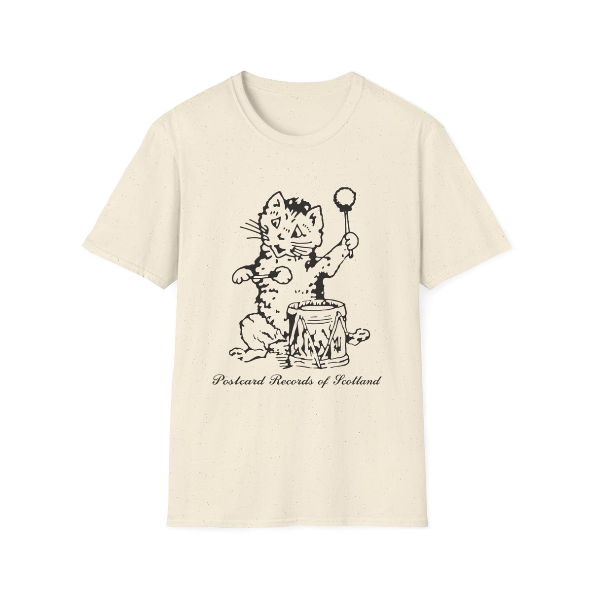 Cream t-shirt with a black ink drawing of a cat playing a drum with drumsticks.