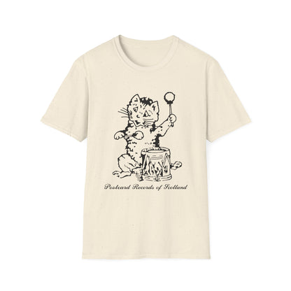 Cream t-shirt with a black ink drawing of a cat playing a drum with drumsticks.