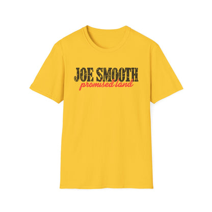 Yellow t-shirt with black and red "JOE SMOOTH promised land" graphic