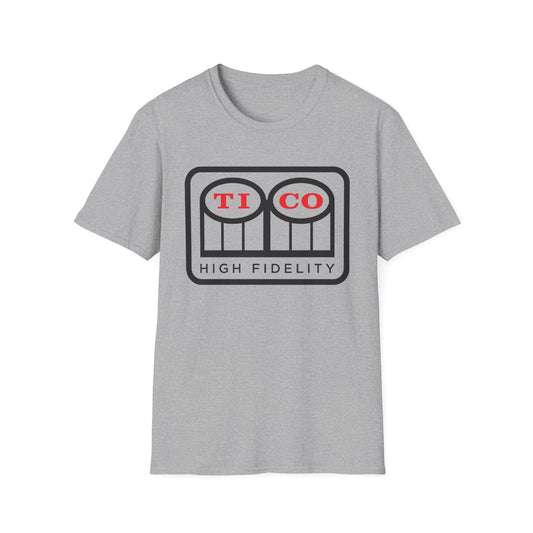 Grey t-shirt with a black and red "TI CO HIGH FIDELITY" logo.