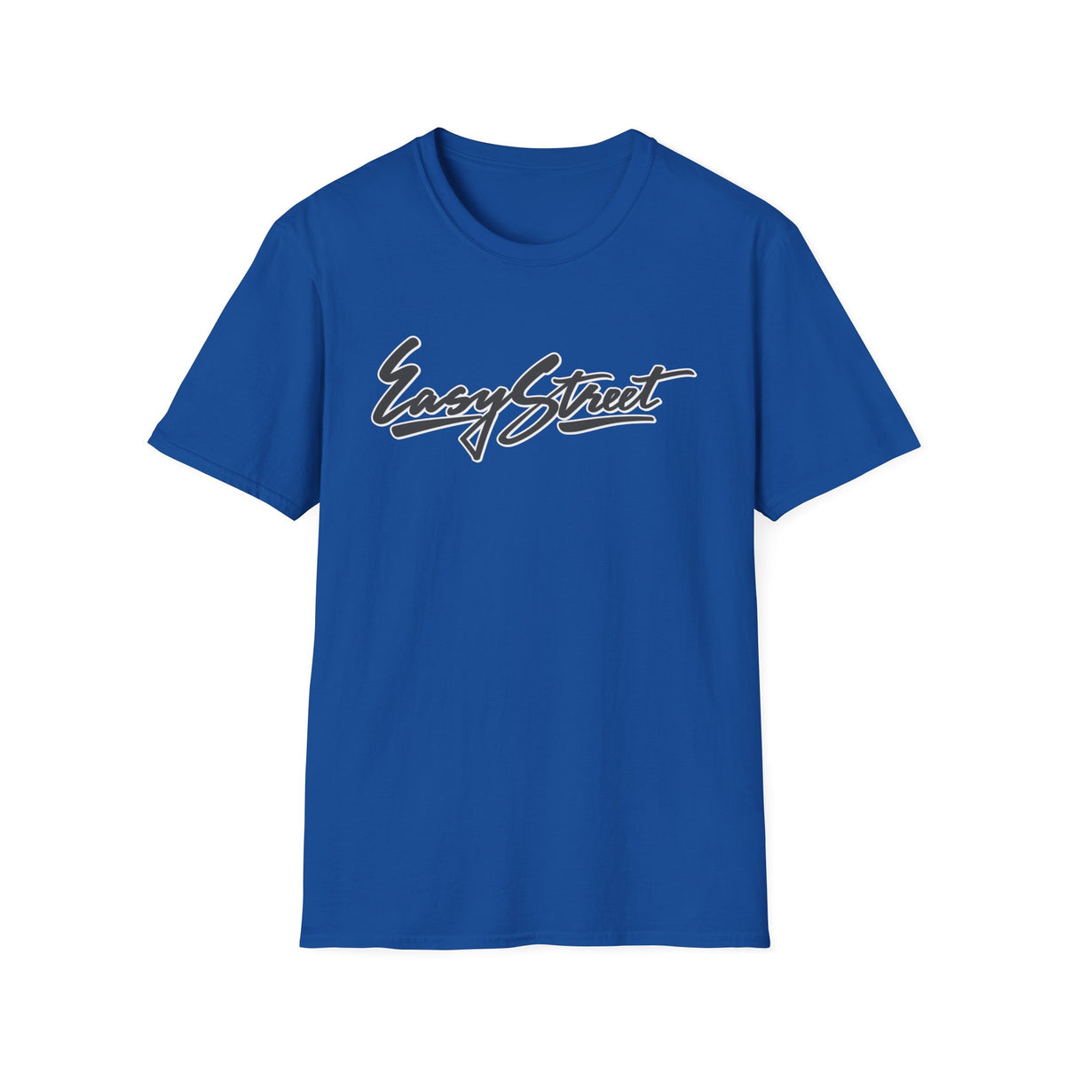 Blue t-shirt with white and black "Easy Street" script graphic.