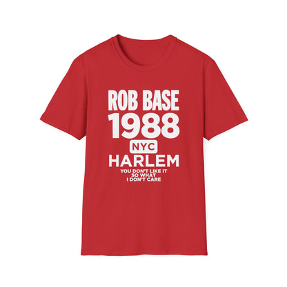 Red t-shirt with Rob Base 1988 NYC Harlem text and lyrics.