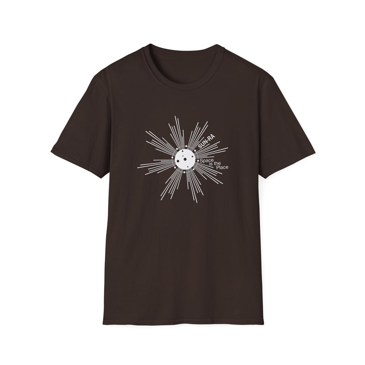 Brown t-shirt with white Sun Ra "Space is the Place" graphic and sunburst design.