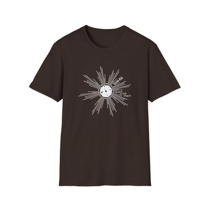Brown t-shirt with white Sun Ra "Space is the Place" graphic and sunburst design.