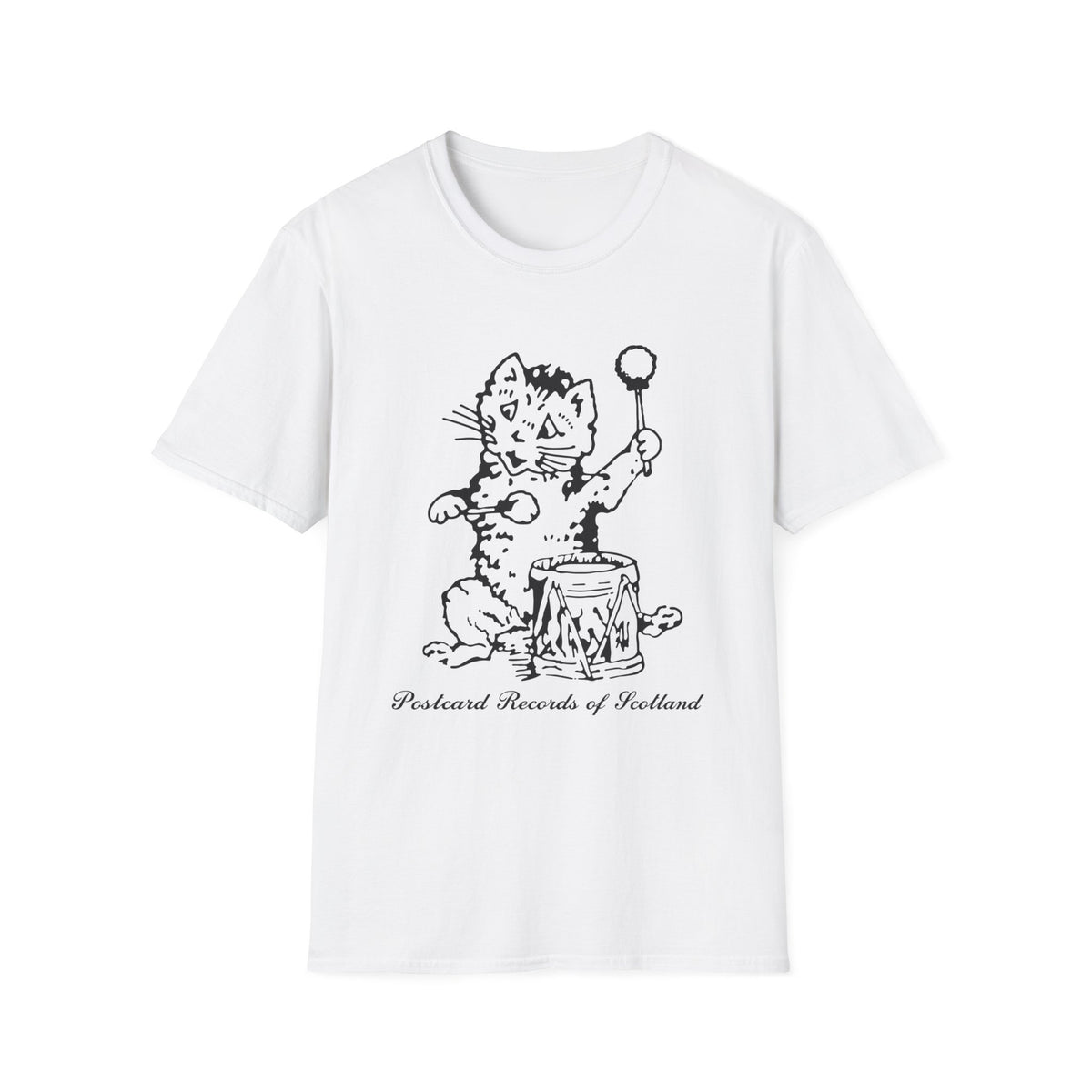 White t-shirt with black graphic of a cat holding a drumstick over a drum and text "Postcard Records of Scotland".