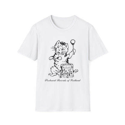 White t-shirt with black graphic of a cat holding a drumstick over a drum and text "Postcard Records of Scotland".