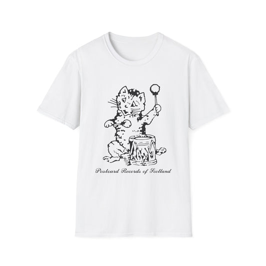 White t-shirt with black graphic of a cat holding a drumstick over a drum and text "Postcard Records of Scotland".